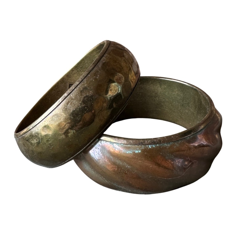 Vintage Brass Copper Bangle Set 2 Hammered and Twisted Metal Cuffs Made in India